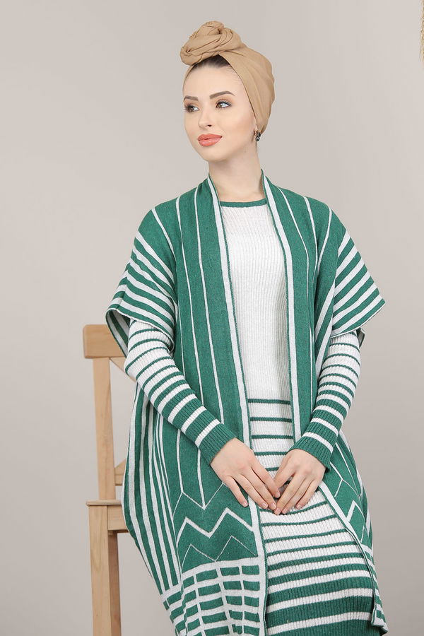Triko Panço Elbise Siyah  Yeşil - 8134 YEŞİL