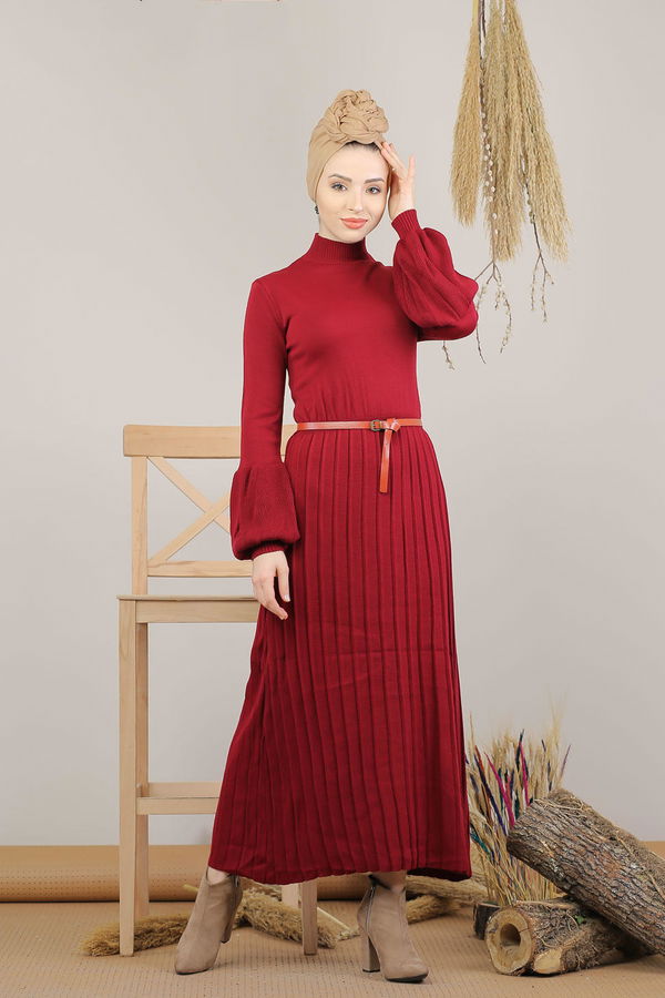Pliseli Triko Elbise Kemer Siyah  Bordo - 8136 BORDO