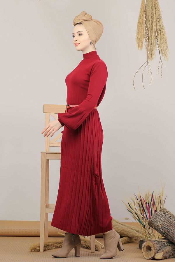 Pliseli Triko Elbise Kemer Siyah  Bordo - 8136 BORDO