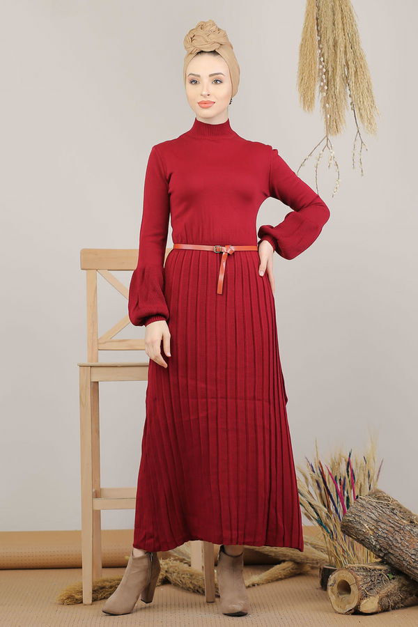 Pliseli Triko Elbise Kemer Siyah  Bordo - 8136 BORDO