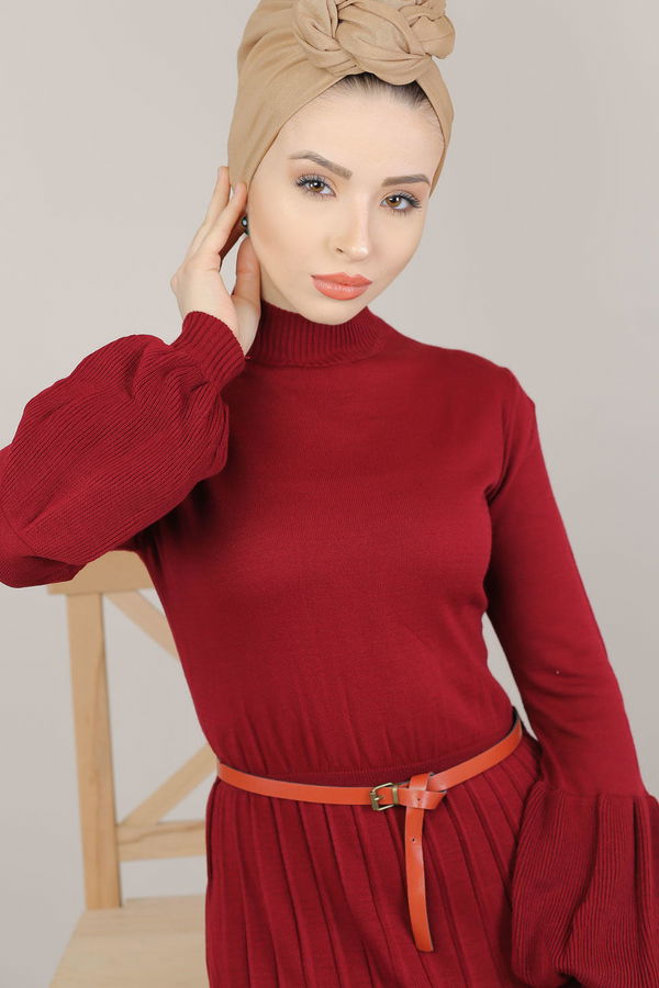Pliseli Triko Elbise Kemer Siyah  Bordo - 8136 BORDO