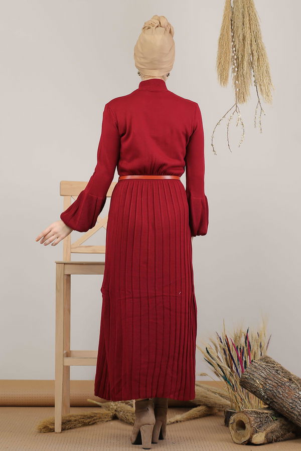 Pliseli Triko Elbise Kemer Siyah  Bordo - 8136 BORDO
