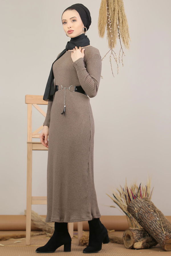 Triko Elbise Haki  Vizon - 5185 VİZON