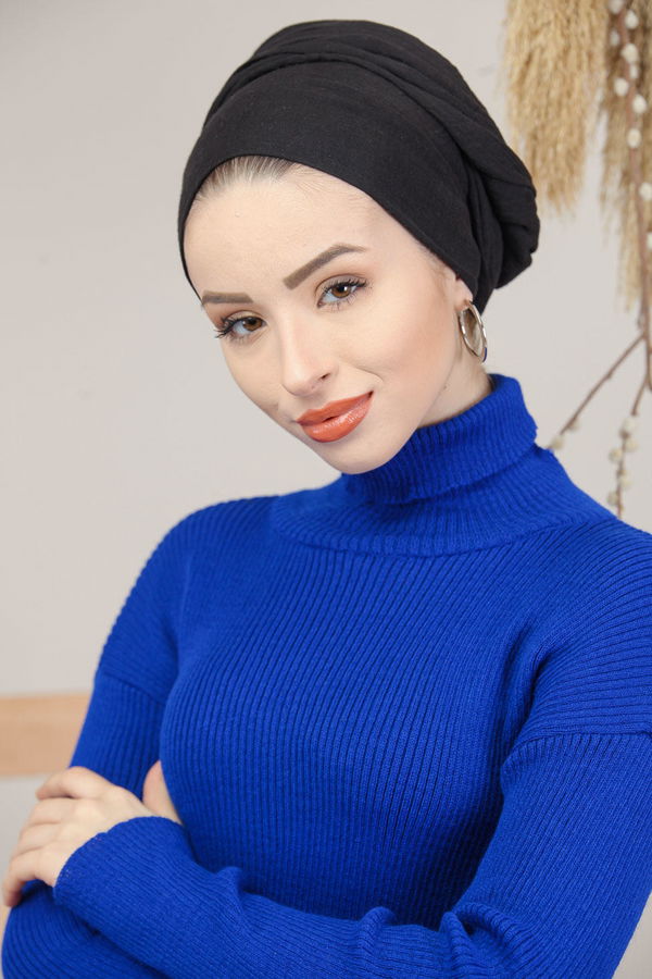 Bogazlı Triko Elbise Siyah  Mavi - 8142 MAVİ