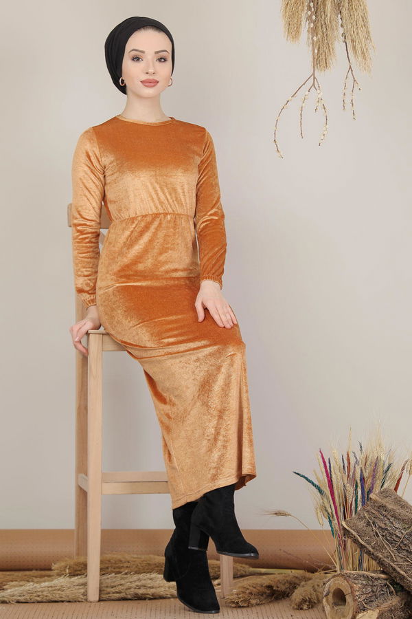 Kadife Elbise Siyah  Sarı - 7949 Sarı