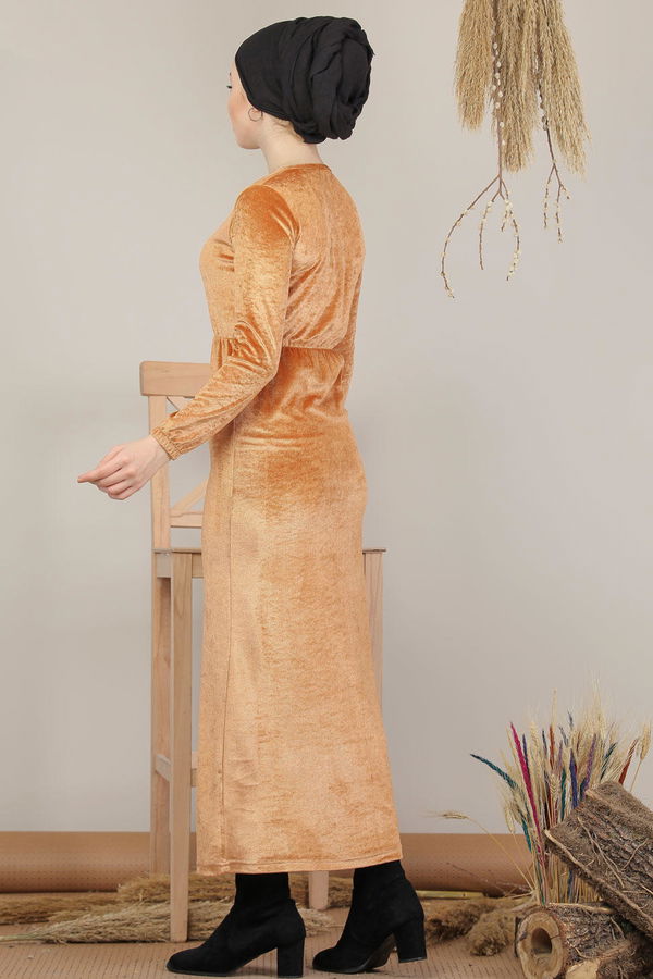 Kadife Elbise Siyah  Sarı - 7949 Sarı