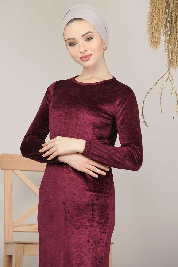 Kadife Elbise Siyah  Mor - 7949 MOR