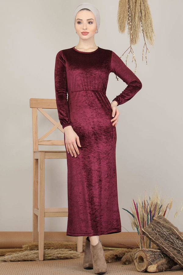 Kadife Elbise Siyah  Mor - 7949 MOR