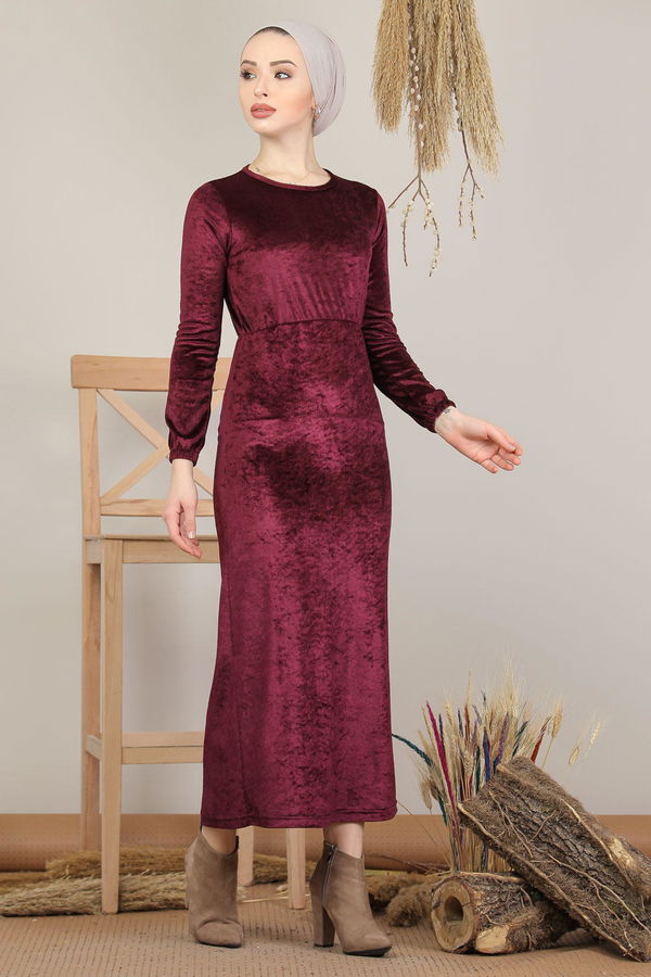 Kadife Elbise Siyah  Mor - 7949 MOR