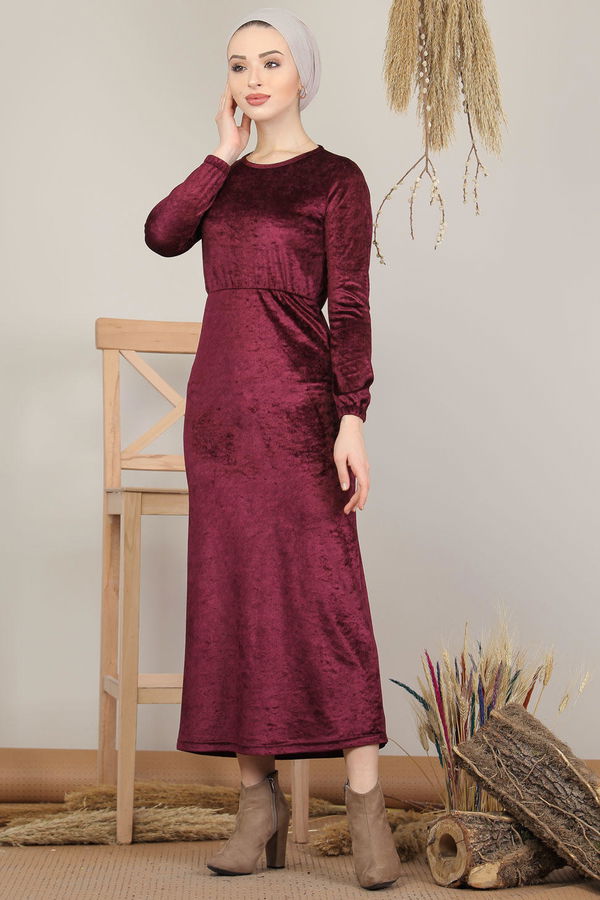 Kadife Elbise Siyah  Mor - 7949 MOR
