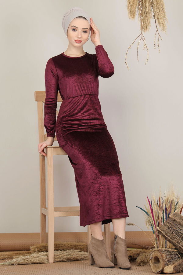 Kadife Elbise Siyah  Mor - 7949 MOR