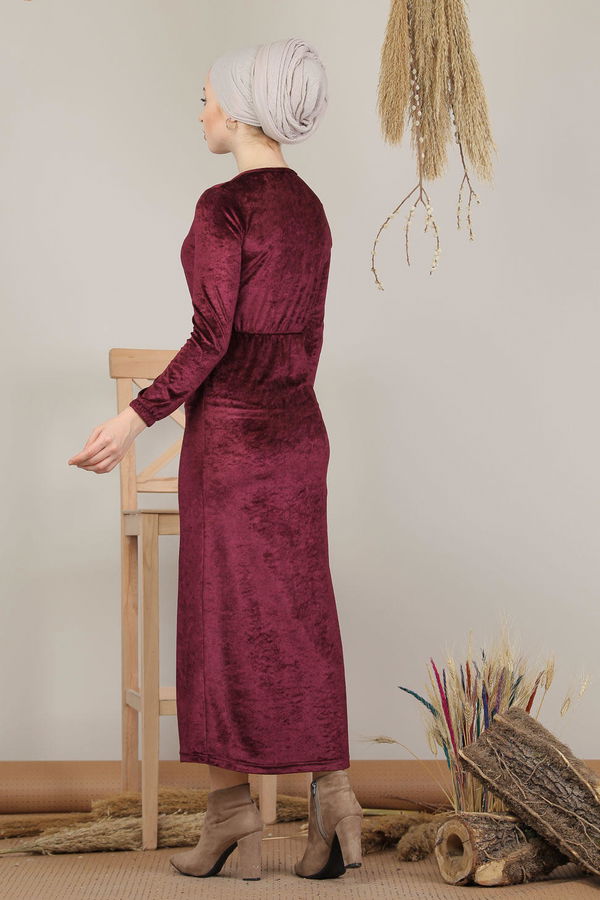 Kadife Elbise Siyah  Mor - 7949 MOR