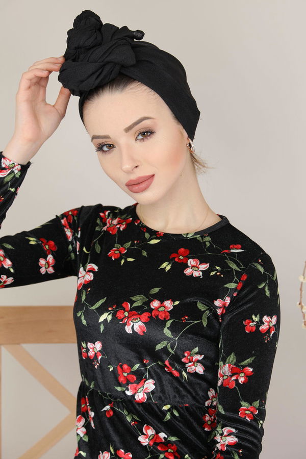 Çiçek Desen Kadife Elbise Siyah  Siyah - 8148 SİYAH