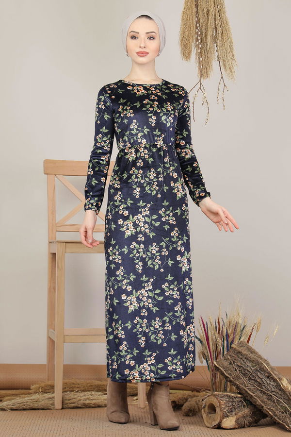 Çiçek Desen Kadife Elbise Lacivert  Lacivert - 8149 LACİVERT