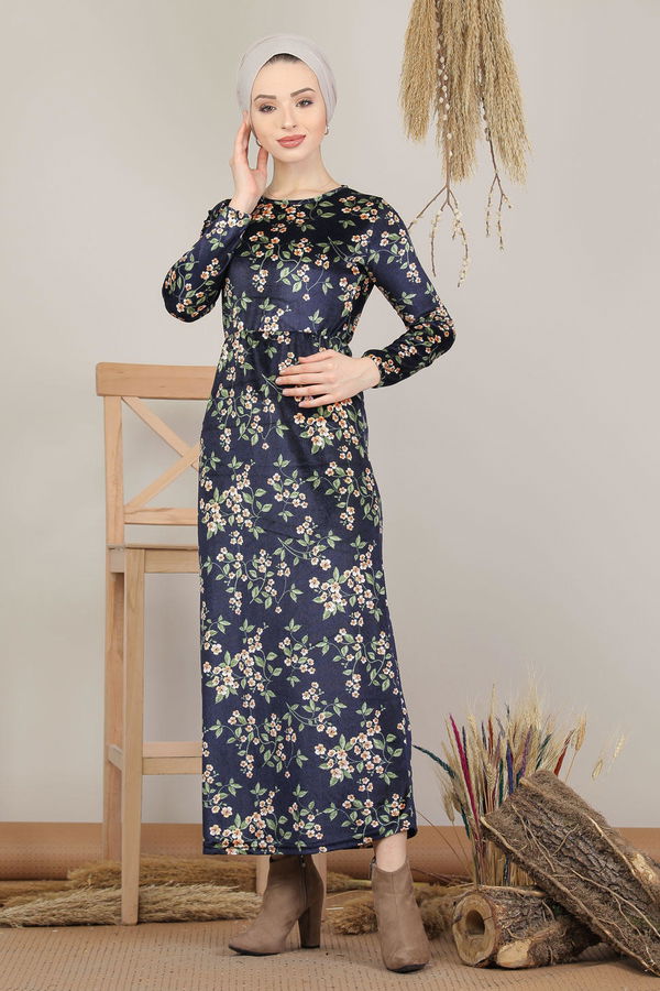 Çiçek Desen Kadife Elbise Lacivert  Lacivert - 8149 LACİVERT