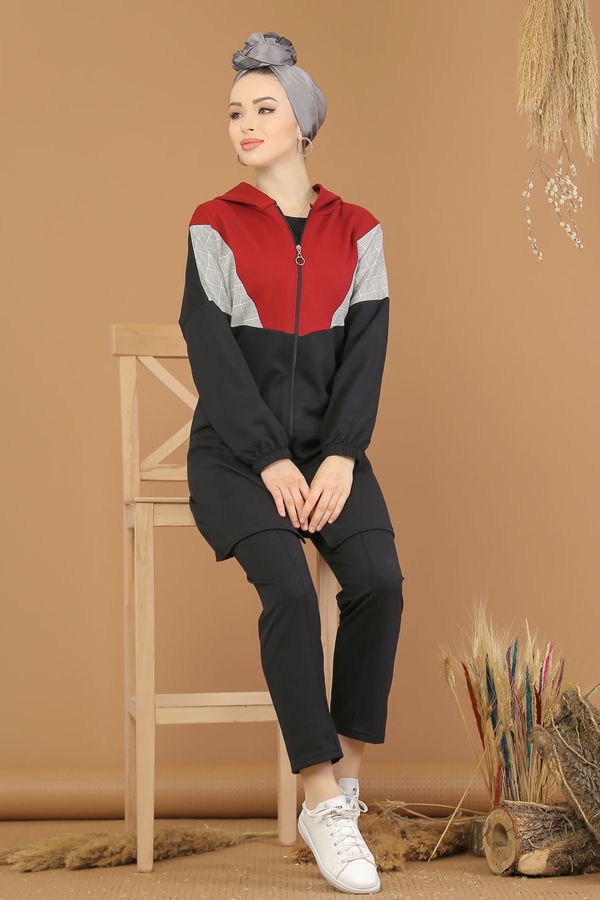 Kapşonlu Tunik Pantolon Siyah Kırmızı - 4118 Siyah - 4118