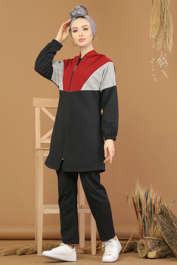 Kapşonlu Tunik Pantolon Siyah Kırmızı - 4118 Siyah - 4118