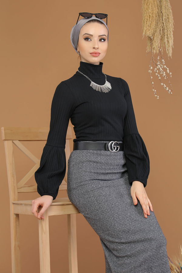 Balon Kol Bluz Kalem Etek Kombin Gri - 8194 Gri - 8194 GRİ