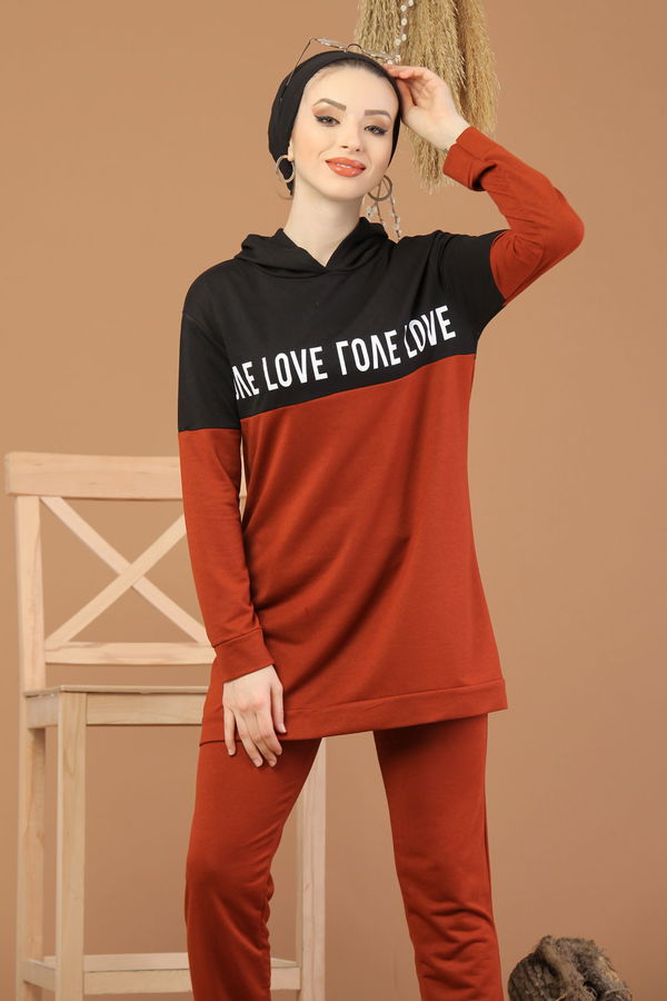 Kapşonlu Tunik Pantolon Haki Kiremit - 8221