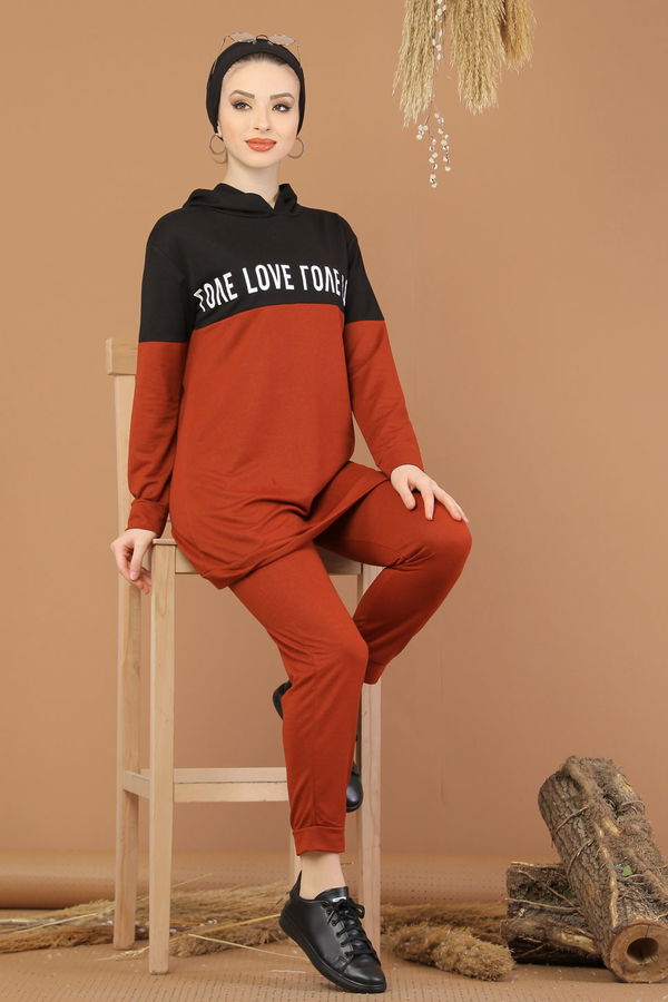 Kapşonlu Tunik Pantolon Haki Kiremit - 8221
