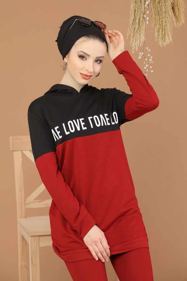 Kapşonlu Tunik Pantolon Haki Bordo - 8221