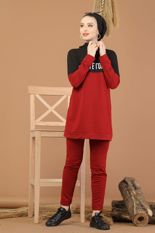 Kapşonlu Tunik Pantolon Haki Bordo - 8221