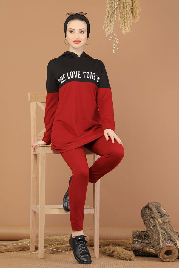 Kapşonlu Tunik Pantolon Haki Bordo - 8221