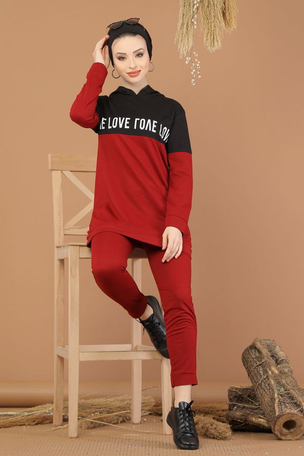 Kapşonlu Tunik Pantolon Haki Bordo - 8221