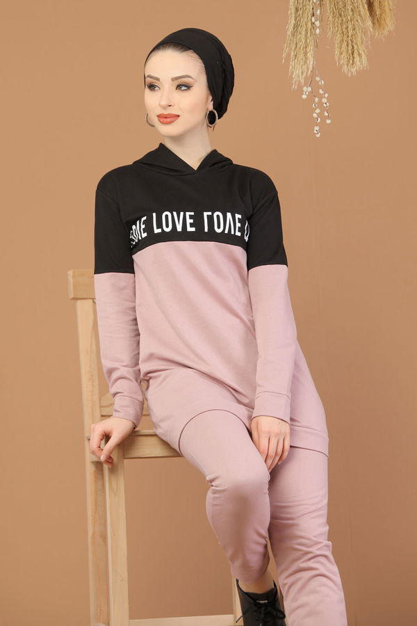 Kapşonlu Tunik Pantolon Haki Pembe - 8221
