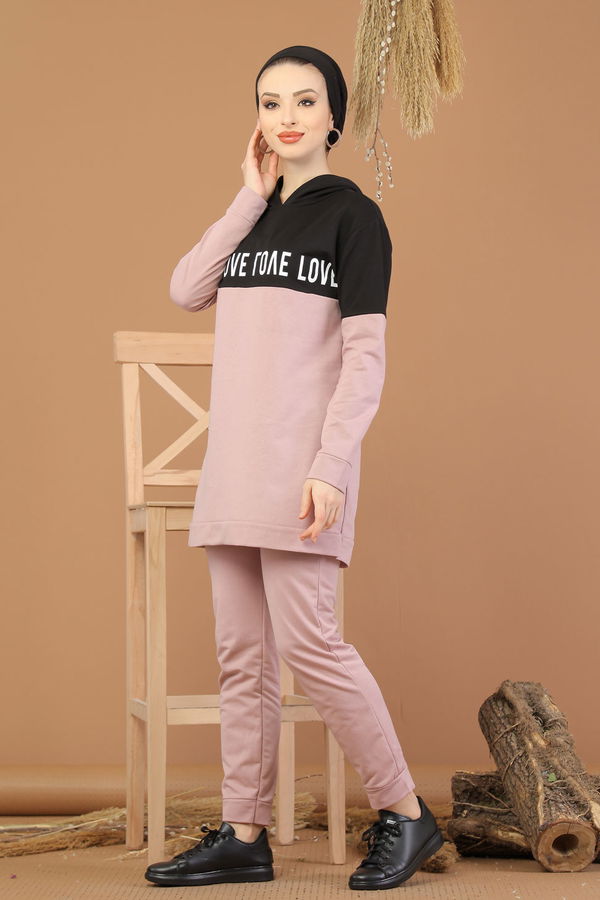 Kapşonlu Tunik Pantolon Haki Pembe - 8221