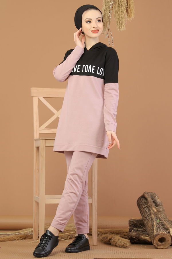 Kapşonlu Tunik Pantolon Haki Pembe - 8221