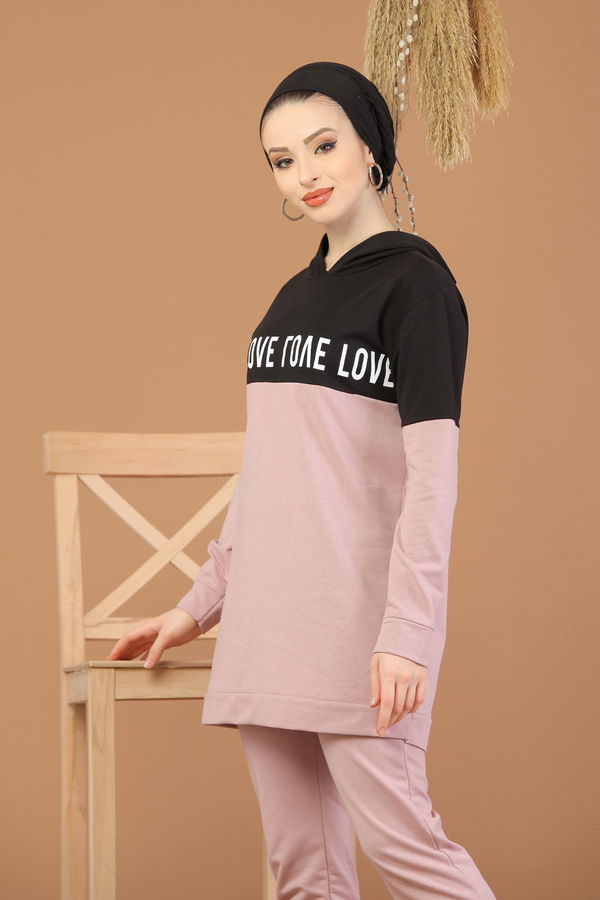 Kapşonlu Tunik Pantolon Haki Pembe - 8221