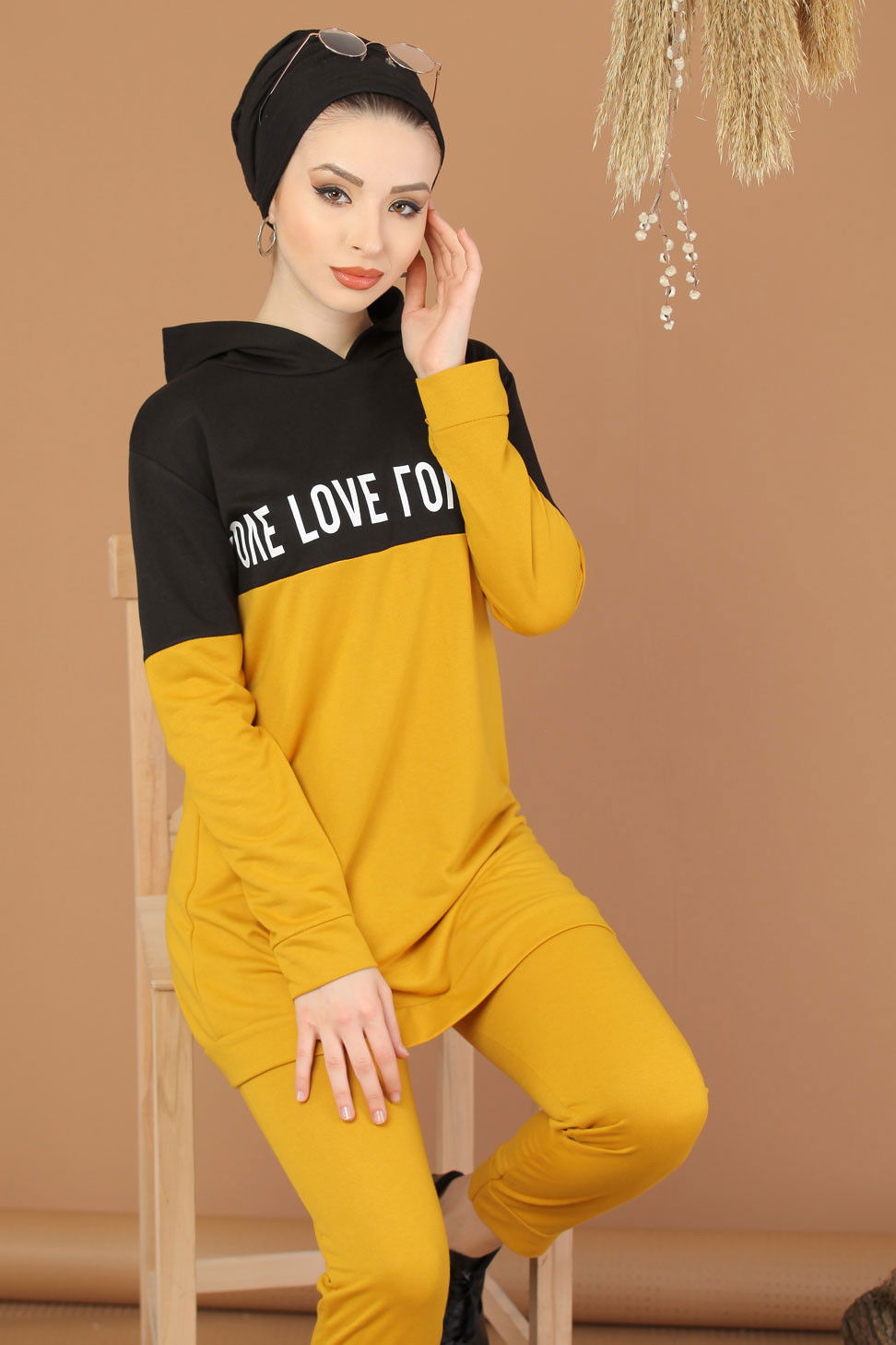 Kapşonlu Tunik Pantolon Haki Sarı - 8221