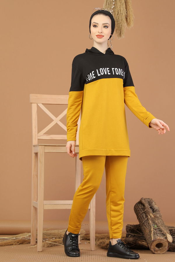 Kapşonlu Tunik Pantolon Haki Sarı - 8221