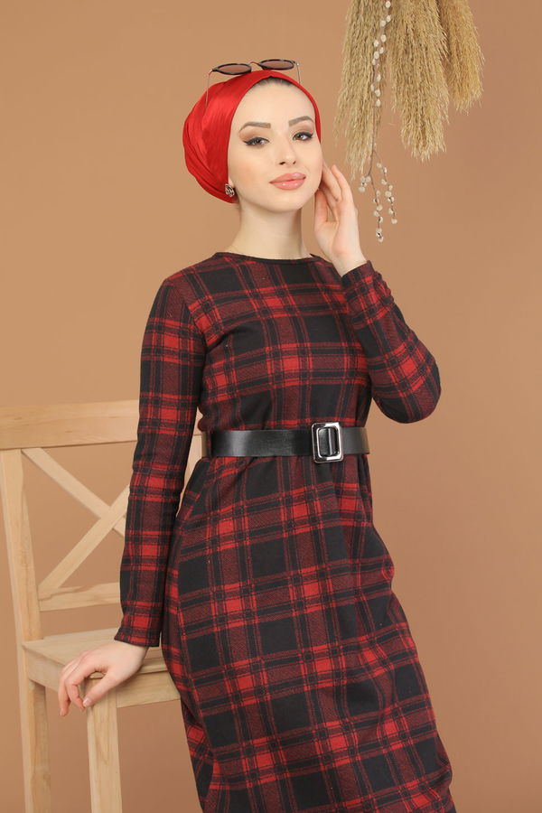 Ekose Elbise Haki  Bordo - 5196