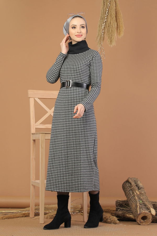 Bogazlı Elbise Bordo  Gri - 8226