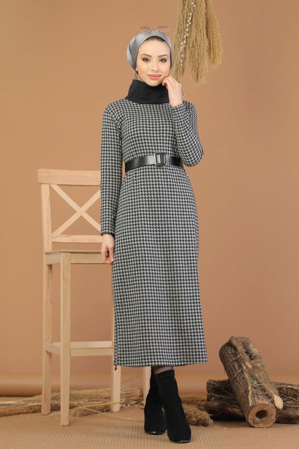 Bogazlı Elbise Bordo  Gri - 8226