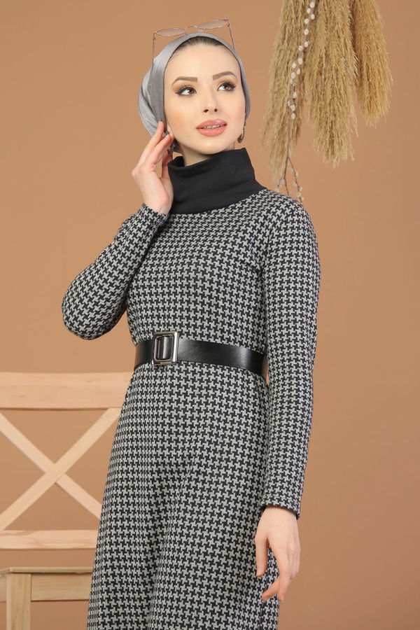 Bogazlı Elbise Bordo  Gri - 8226
