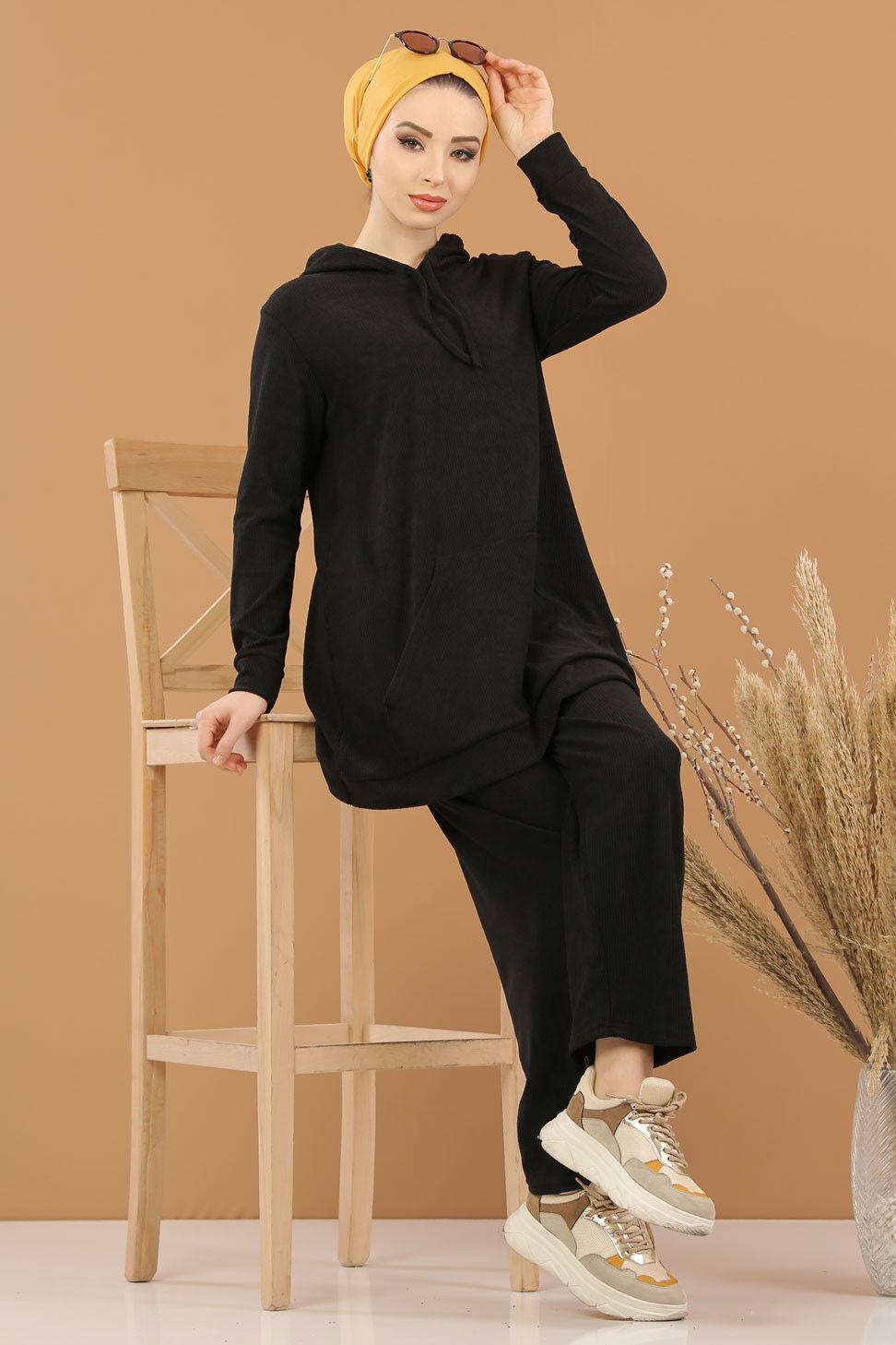 Kapşonlu Tunik Pantolon Siyah  Siyah - 8245