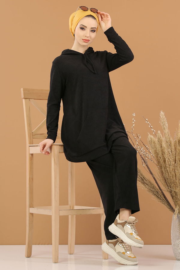 Kapşonlu Tunik Pantolon Siyah  Siyah - 8245