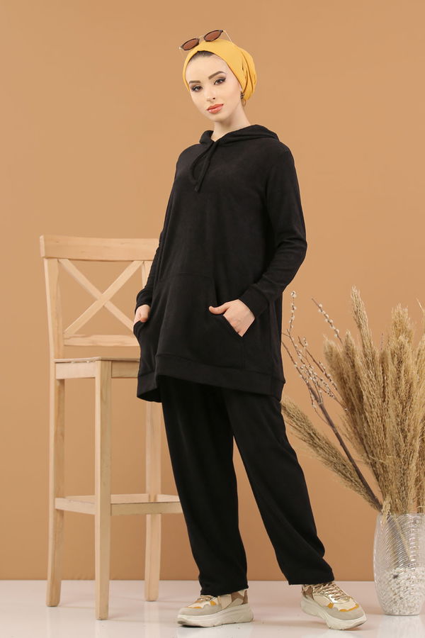 Kapşonlu Tunik Pantolon Siyah  Siyah - 8245