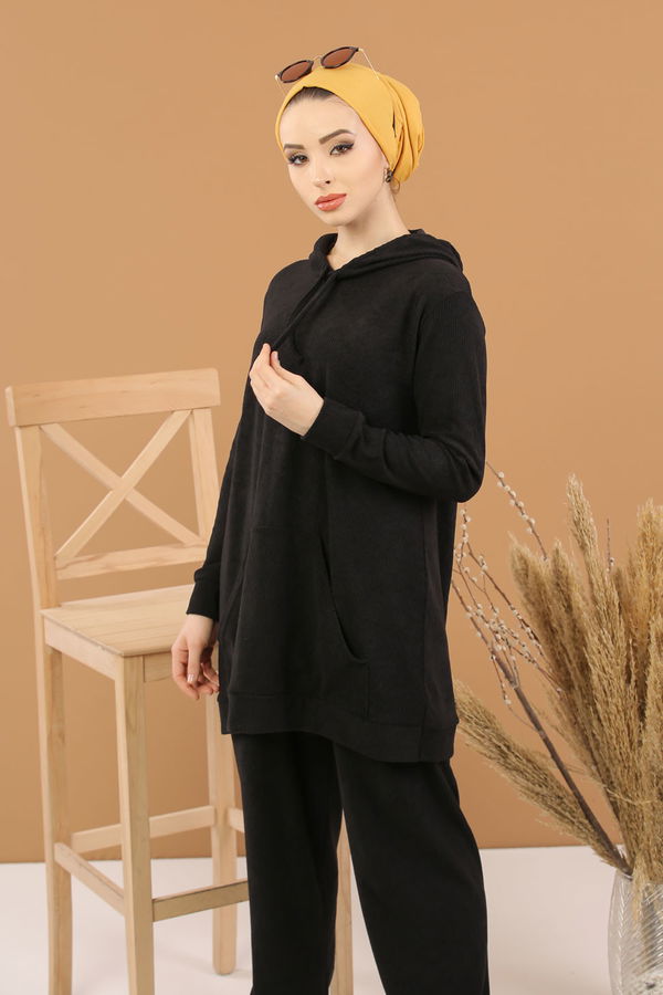 Kapşonlu Tunik Pantolon Siyah  Siyah - 8245