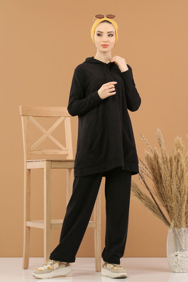 Kapşonlu Tunik Pantolon Siyah  Siyah - 8245