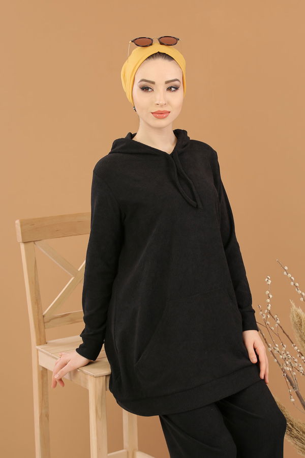 Kapşonlu Tunik Pantolon Siyah  Siyah - 8245
