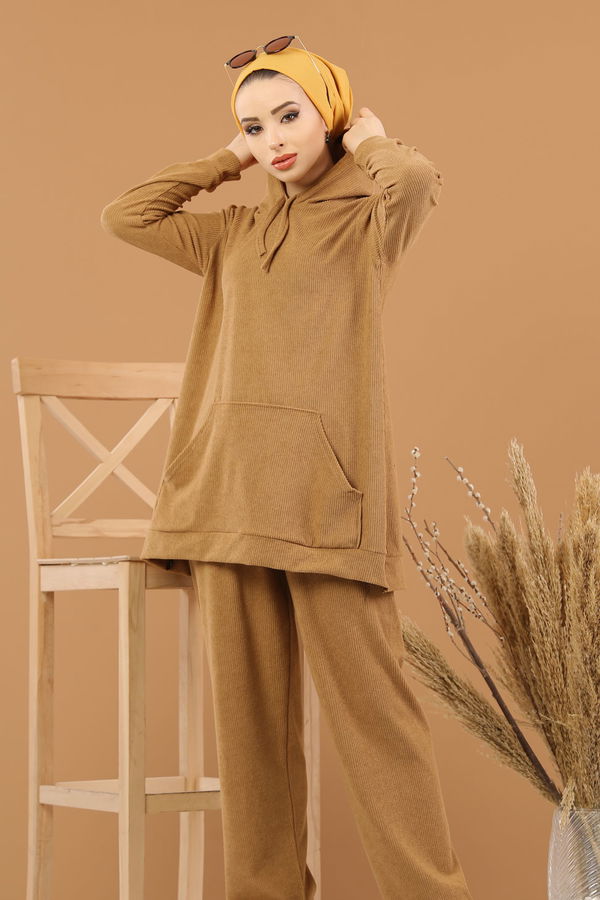 Kapşonlu Tunik Pantolon Siyah  Vizon - 8245