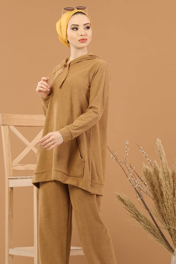 Kapşonlu Tunik Pantolon Siyah  Vizon - 8245