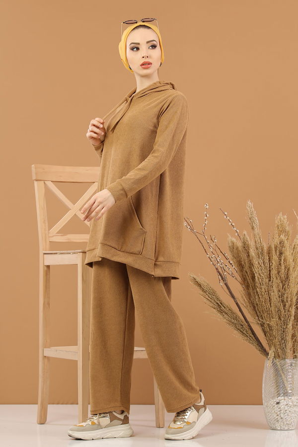 Kapşonlu Tunik Pantolon Siyah  Vizon - 8245