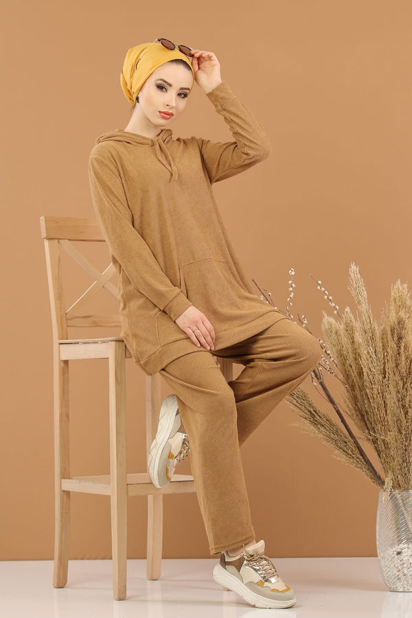 Kapşonlu Tunik Pantolon Siyah  Vizon - 8245