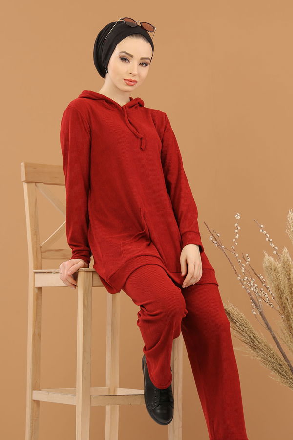 Kapşonlu Tunik Pantolon Siyah  Bordo - 8245