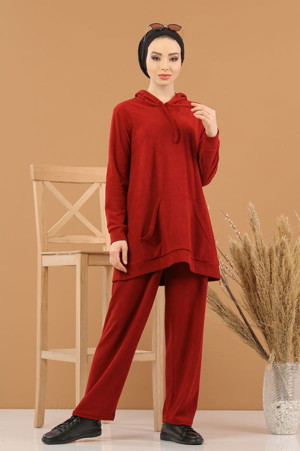Kapşonlu Tunik Pantolon Siyah  Bordo - 8245